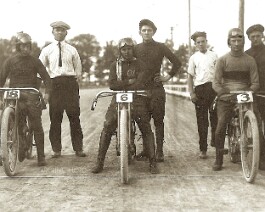 Maldwyn Jones, Cleo Pineau, and Lee Taylor on the Line for the 100-Mile National in Toledo OH June 9th 1914 as the Yellow Jackets for Flying Merkel.